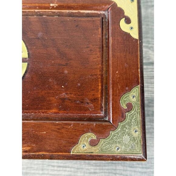 Vintage Asian Brass Inlay Wooden Jewelry Box Chest Organizer 11.5x7x5.5 - Picture 6 of 9